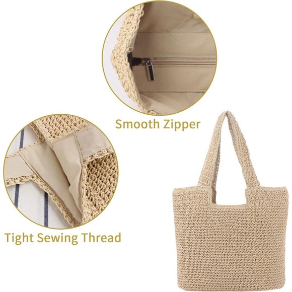 Women Beige Weaving Casual Retro With Zipper Closure Soft Large Shoulder Handbag - Picture 4 of 7